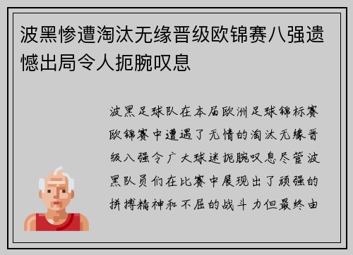 波黑惨遭淘汰无缘晋级欧锦赛八强遗憾出局令人扼腕叹息