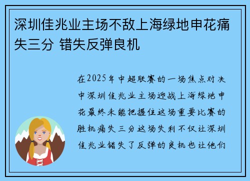 深圳佳兆业主场不敌上海绿地申花痛失三分 错失反弹良机